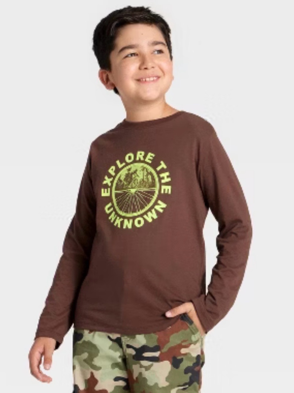 Cat & Jack Brown Long-Sleeve Tee with Neon Lime Graphic Emblem
